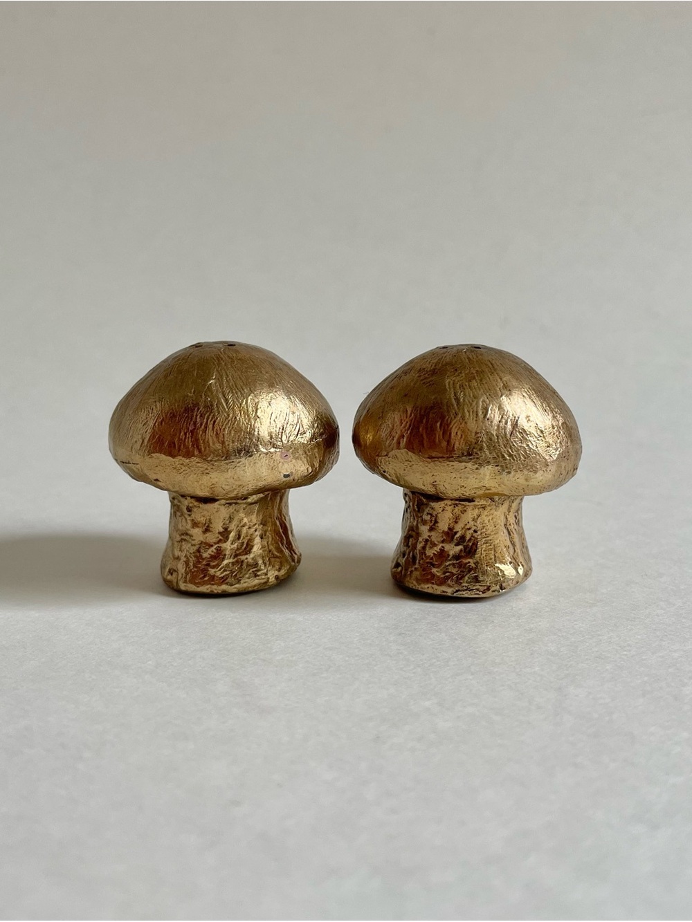 Small Mushroom Salt & Pepper Shakers Gold Tone Whimsical